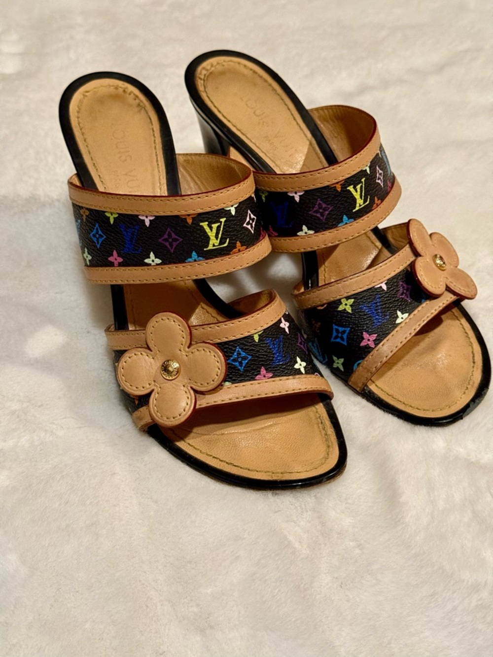 Louis Vuitton Black Multicolor Monogram Flower Mules Size 39 Vintage Authentic - Picture 3 of 10